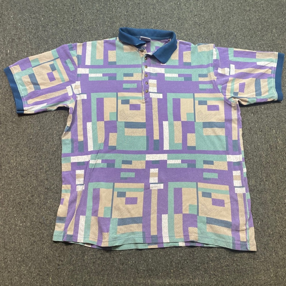 PGA Tour Polo Shirt Sz XL Mens Purple Teal Geometric 90s Abstract Golf Top Shirt